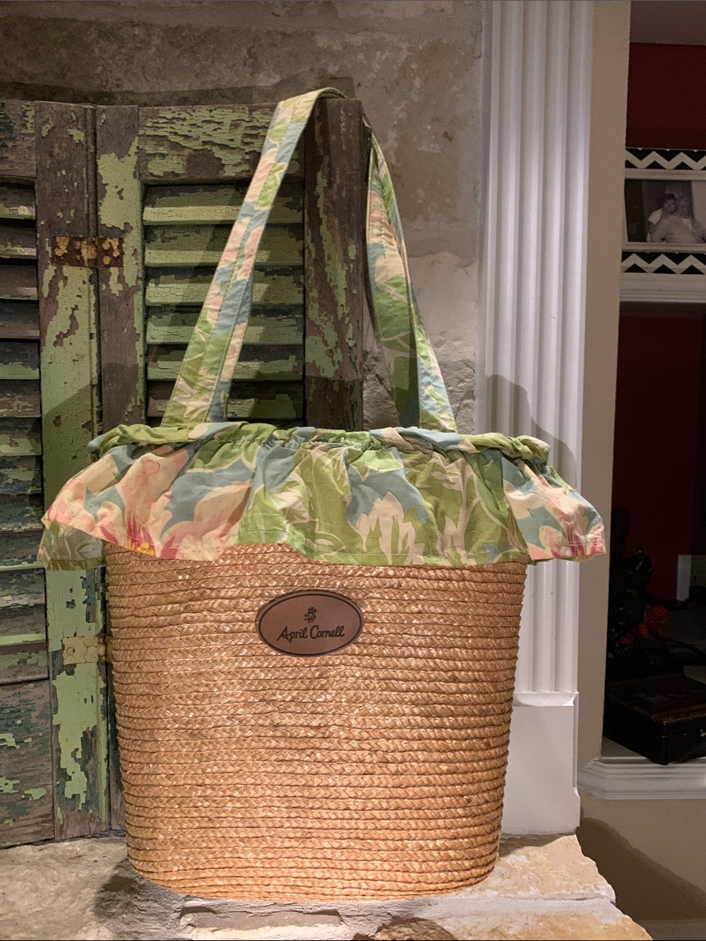 April Cornell Floral-Trim Straw Tote in Green and Pink